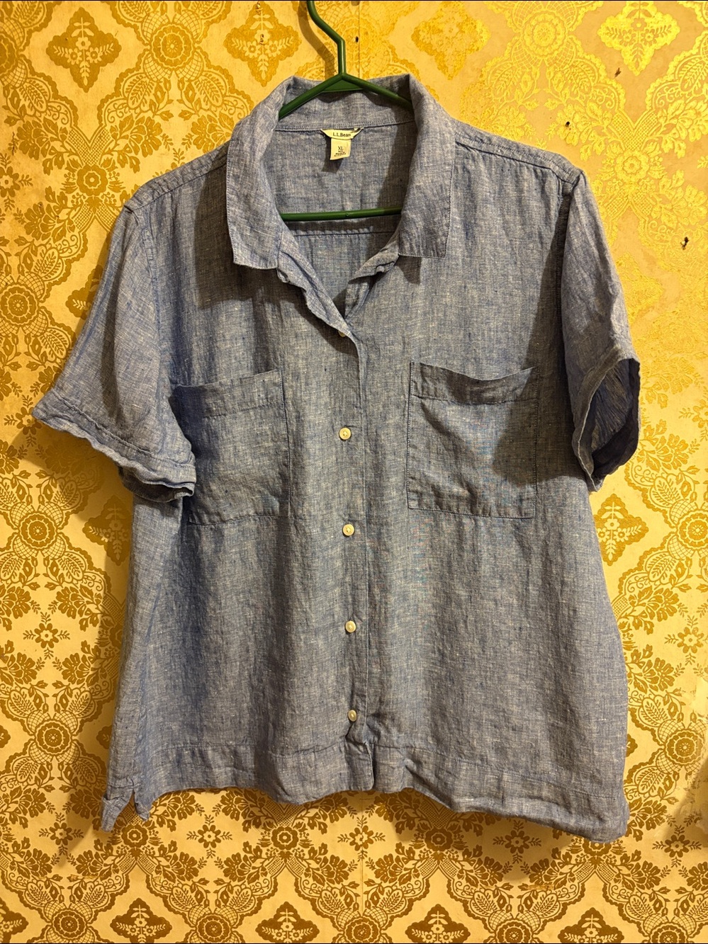 L.L.Bean 100% Linen Heather Blue Button Front Shirt